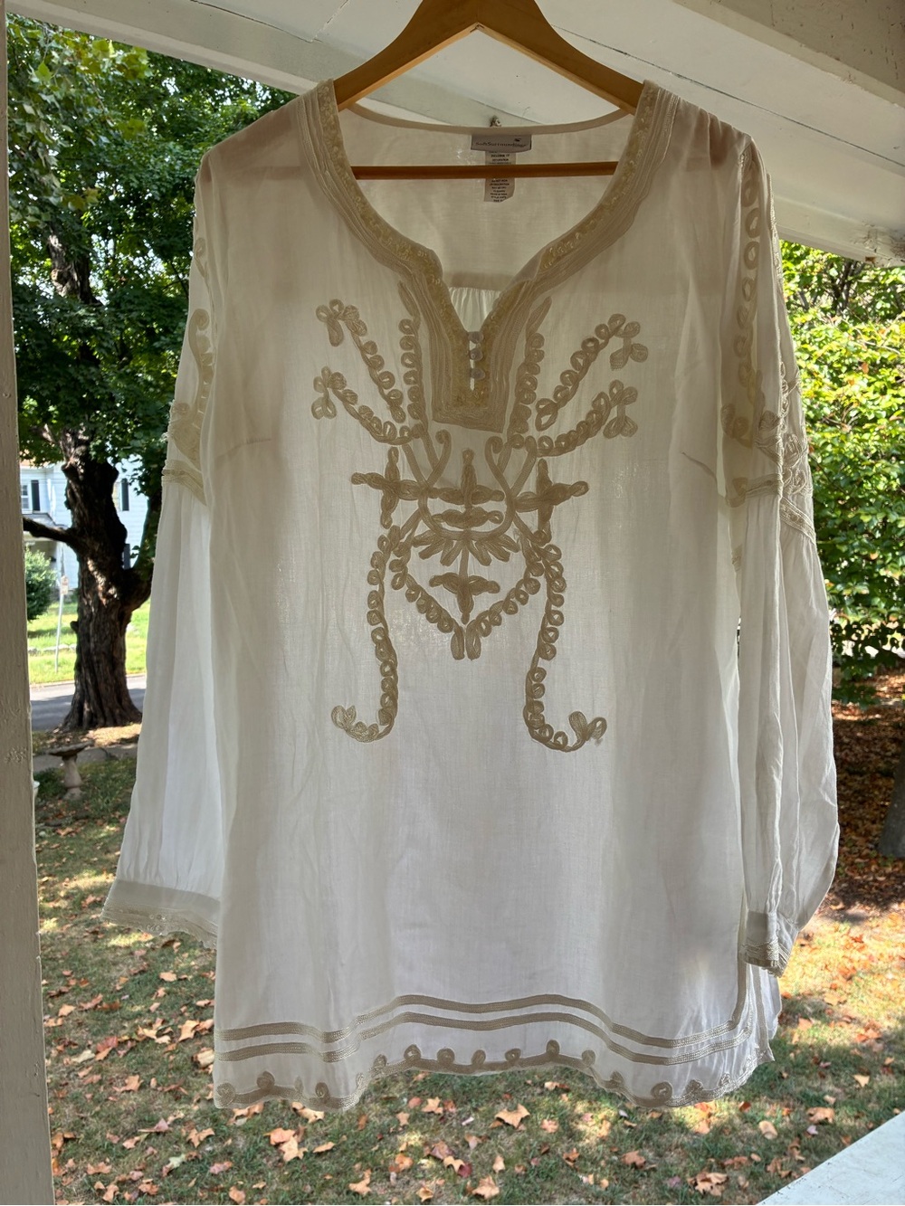100% Cotton Soft Surroundings White Tunic with Cream Embroidery